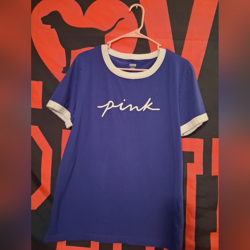 Victorias Secret PINK Campus Ringer Tee Blue/White Medium/oversized